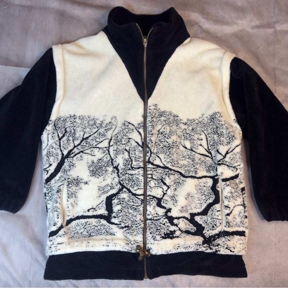 Denali Fleece Jacket Black White Tree Landscape Print Zip Up‎ Mock Neck Large